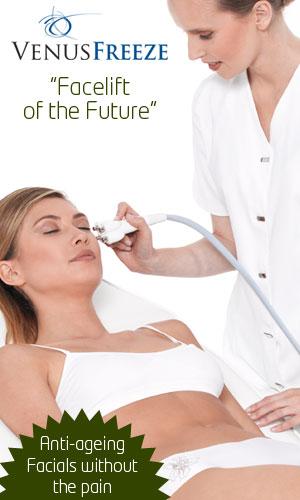 Venus Freeze promotional image of a practitioner treating a woman's cheek