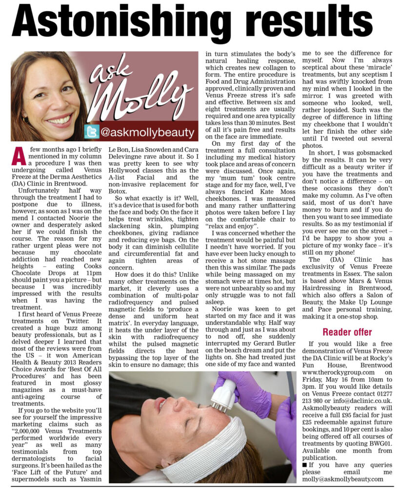 Ask Molly newspaper review with a Venus Freeze facial treatment photograph
