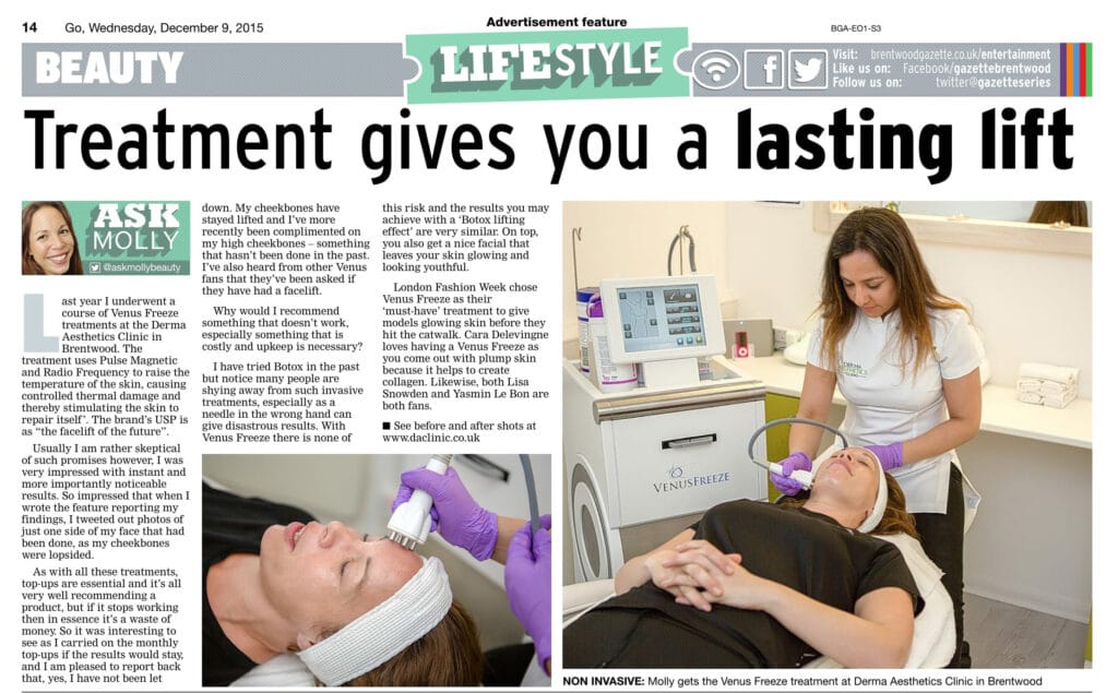 Brentwood Gazette feature with photos of a Venus Freeze facial treatment