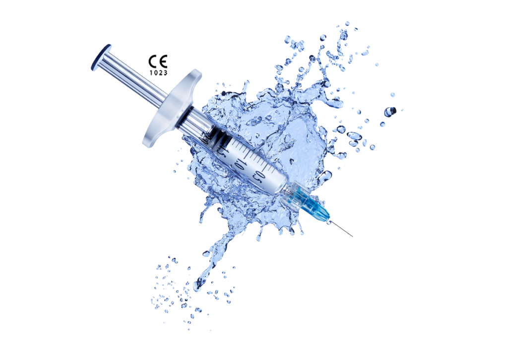 Illustration of a syringe surrounded by a water splash