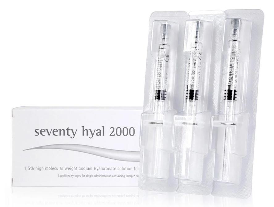 Seventy Hyal 2000 product box with three packaged syringes